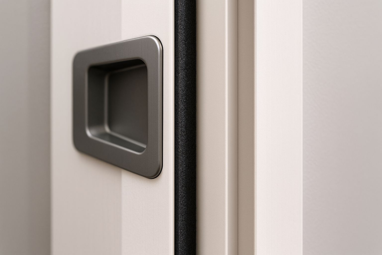 Närbild på en vit innerdörr som stängs, fokuserar på dörrspringan och ljudisolering.